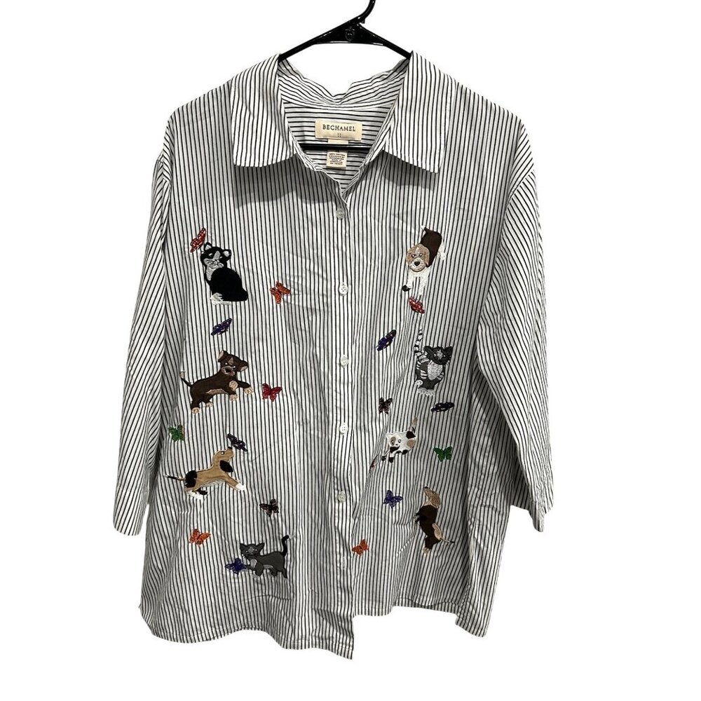 Bechamel Striped Button-Up Shirt Embroidered Dogs Cats Butterflies Sz 2X